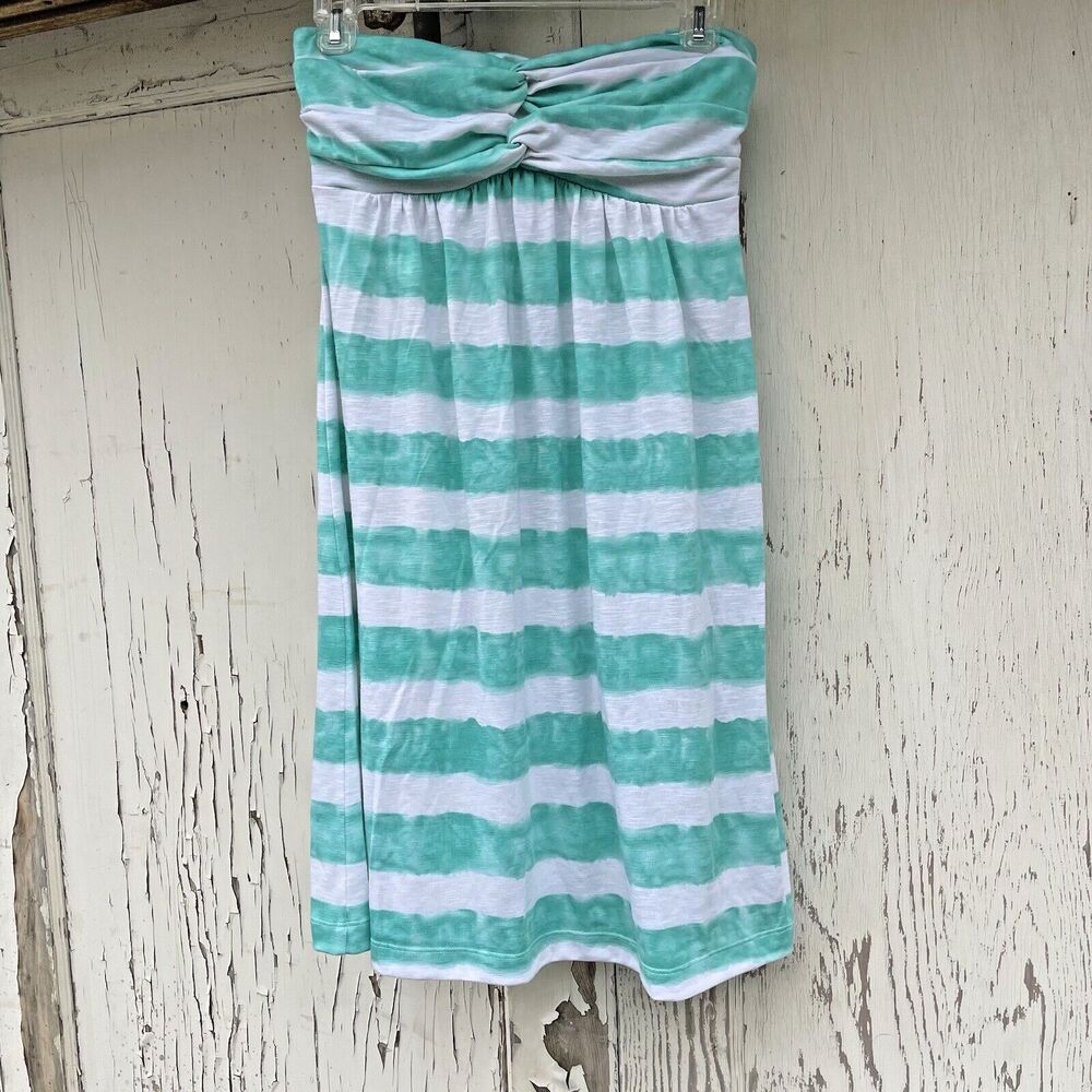 Nicole Miller Strapless Summer Dress Women's Med Teal White Tie Dye Striped